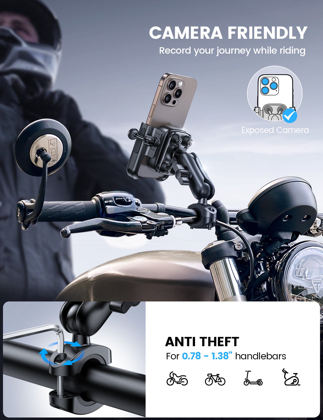 Lamicall All Metal Motorcycle Phone Mount - Anti Shake-Extendable Arm Handlebar Clamp. Bicycle Cell Phone Mount. iPhone 17-16-15-14 Pro Max. S23-S24-S25-S26 Ultra - Image 5