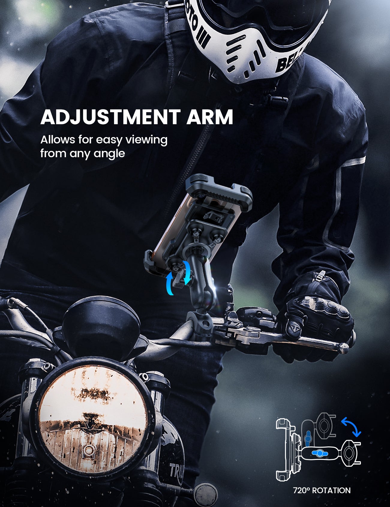 Motorcycle Phone Mount - Metal Adjustment Arm & Dual Vibration Dampener & Anti Shake Motorcycle Cell Phone Holder for iPhone and More 4.7-6.7 Phones Lamicall - Image 3