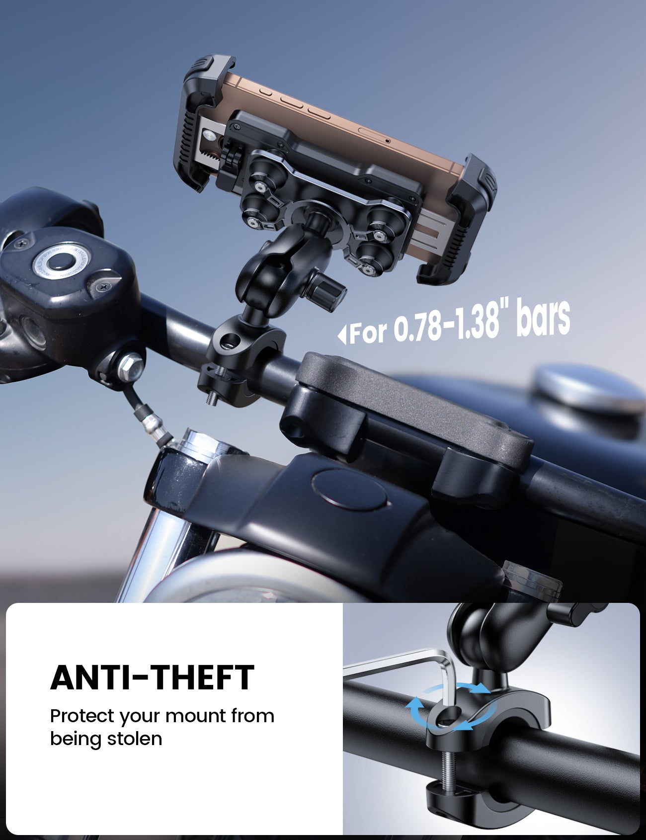 Motorcycle Phone Mount - Metal Adjustment Arm & Dual Vibration Dampener & Anti Shake Motorcycle Cell Phone Holder for iPhone and More 4.7-6.7 Phones Lamicall - Image 5