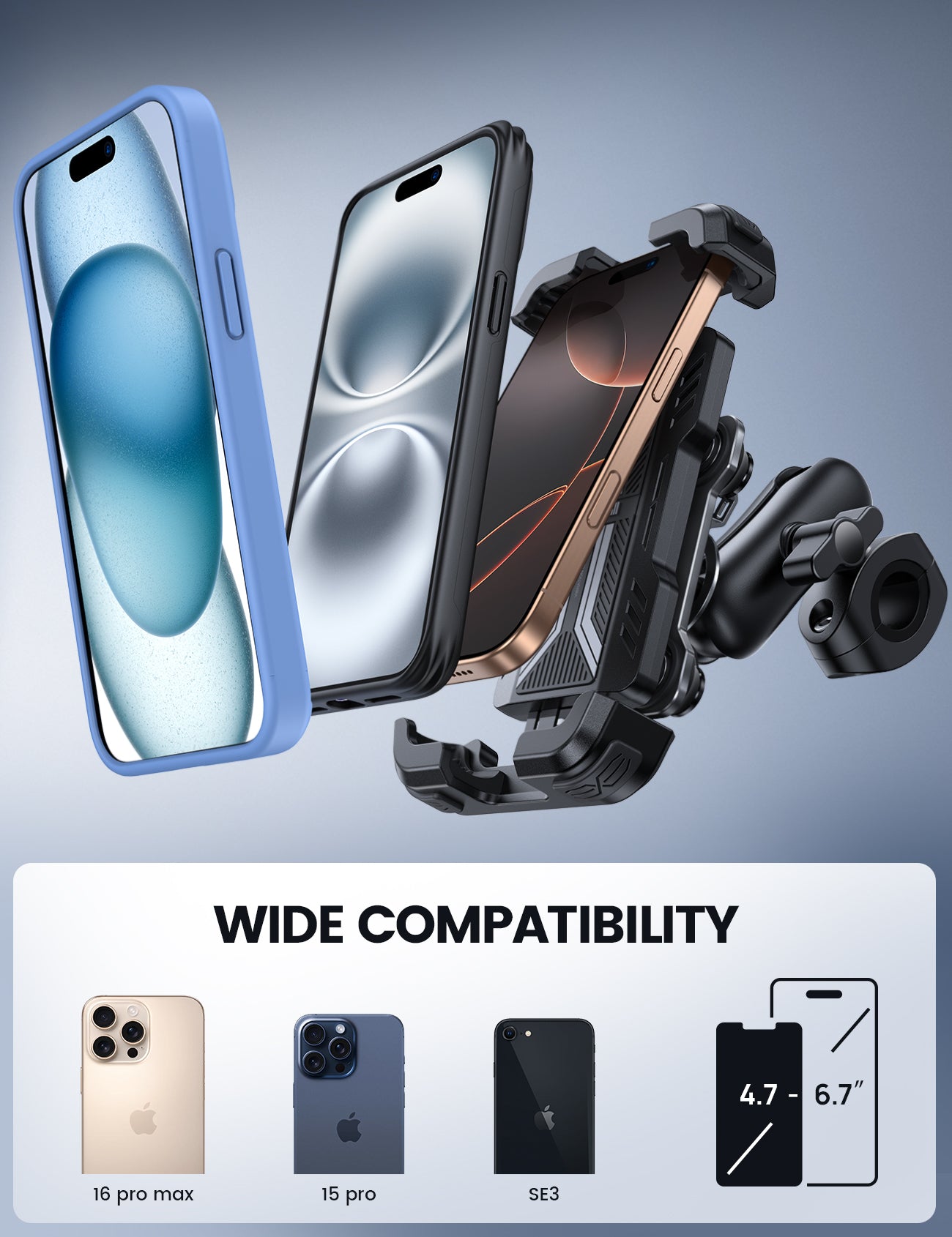 Motorcycle Phone Mount - Metal Adjustment Arm & Dual Vibration Dampener & Anti Shake Motorcycle Cell Phone Holder for iPhone and More 4.7-6.7 Phones Lamicall - Image 7