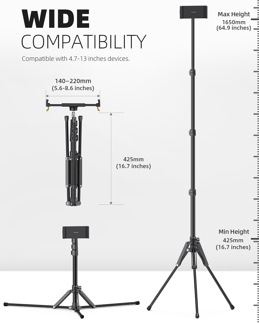 Lamicall Tablet Floor Tripod Stand Music Stand- 64.9 Tablet Holder Mount with Adjustable Height for Stream/Watching - Image 3